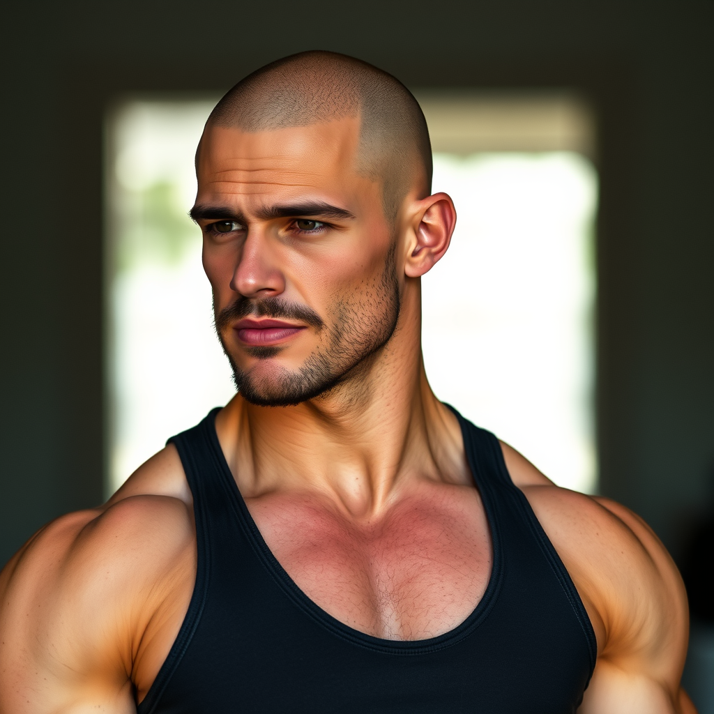 Main logo studio: A bald muscular man