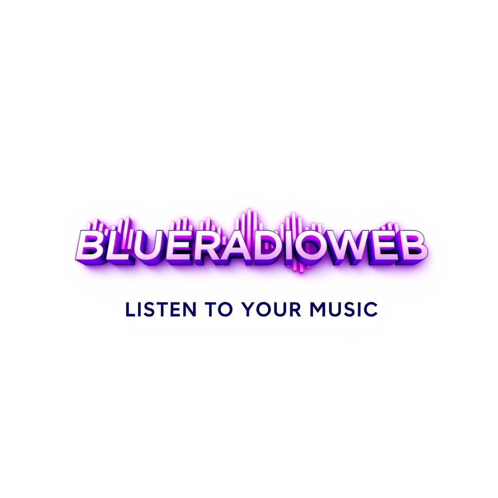 3D Logo idea: 3D logo for BLUERADIOWEB LISTEN TO YOUR MUSIC, a music tech brand, 3D sound wave form, neon purple glow , three-dimensional render, realistic depth an