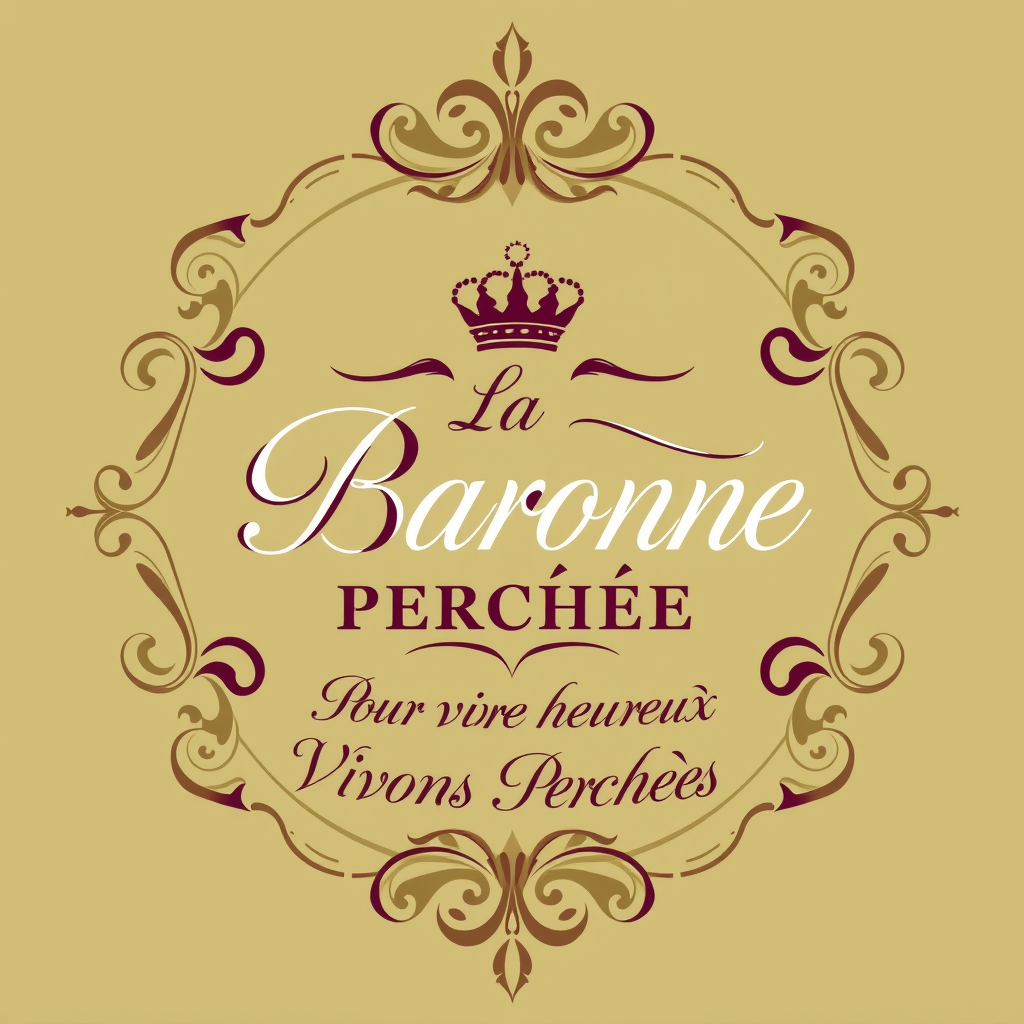 Main logo studio: Crée un logo élégant. Cadre doré rococo. Écris dans le cadre : « La Baronne Perchée » en écriture calligraphiée. Ecris en dessous du cadre: Pour Vivre