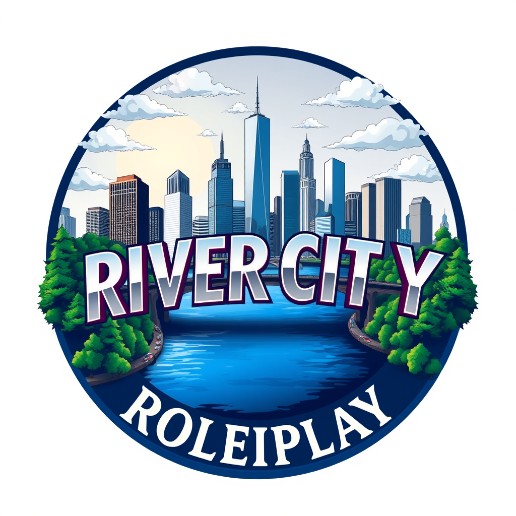 Main logo studio: Design an exceptionally detailed, premium illustrated gaming community logo for "RIVER CITY ROLEPLAY". ART DIRECTION: Create a sophisticated, richly i