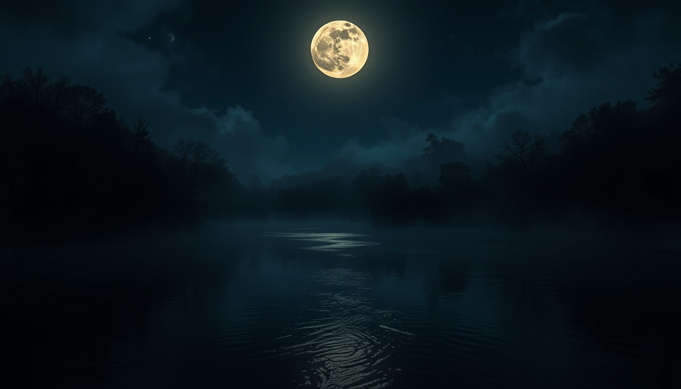 Main logo studio: Create an image of a mysterious, dark river with the moon,samano very small