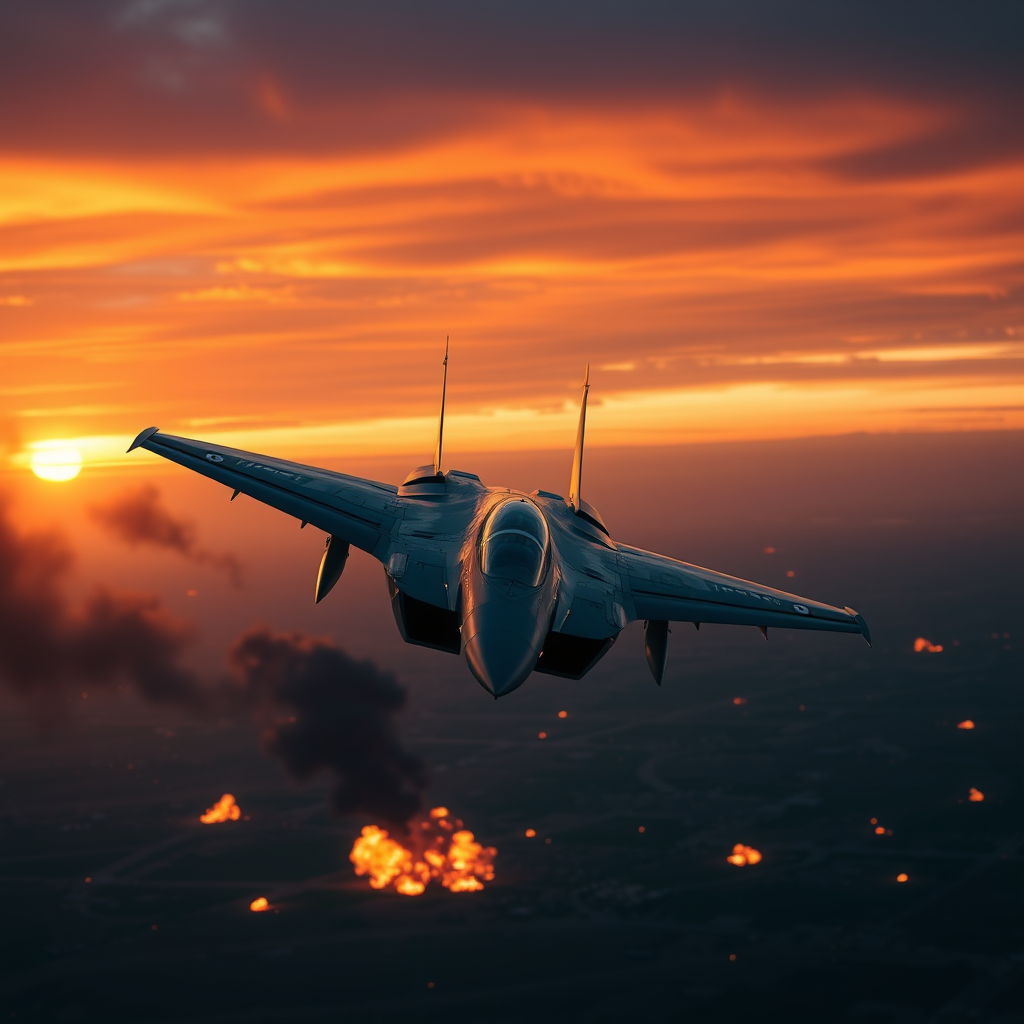 Main logo studio: Ultra-realistic modern fighter jet flying over a battlefield at sunset, distant explosions, dark smoke, dramatic orange and blue lighting, cinematic m