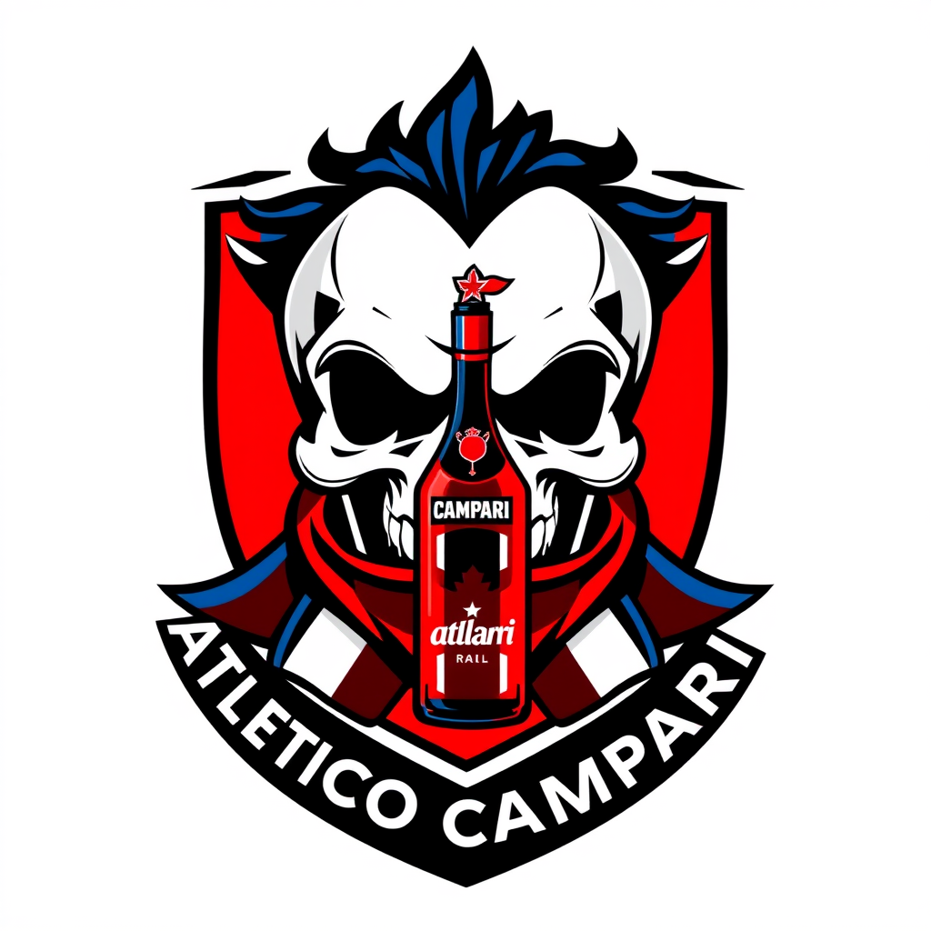 Main logo studio: Football team crest for “ATLETICO CAMPARI”, aggressive stylized skull wearing a football scarf, small Campari bottle integrated into the emblem, domin