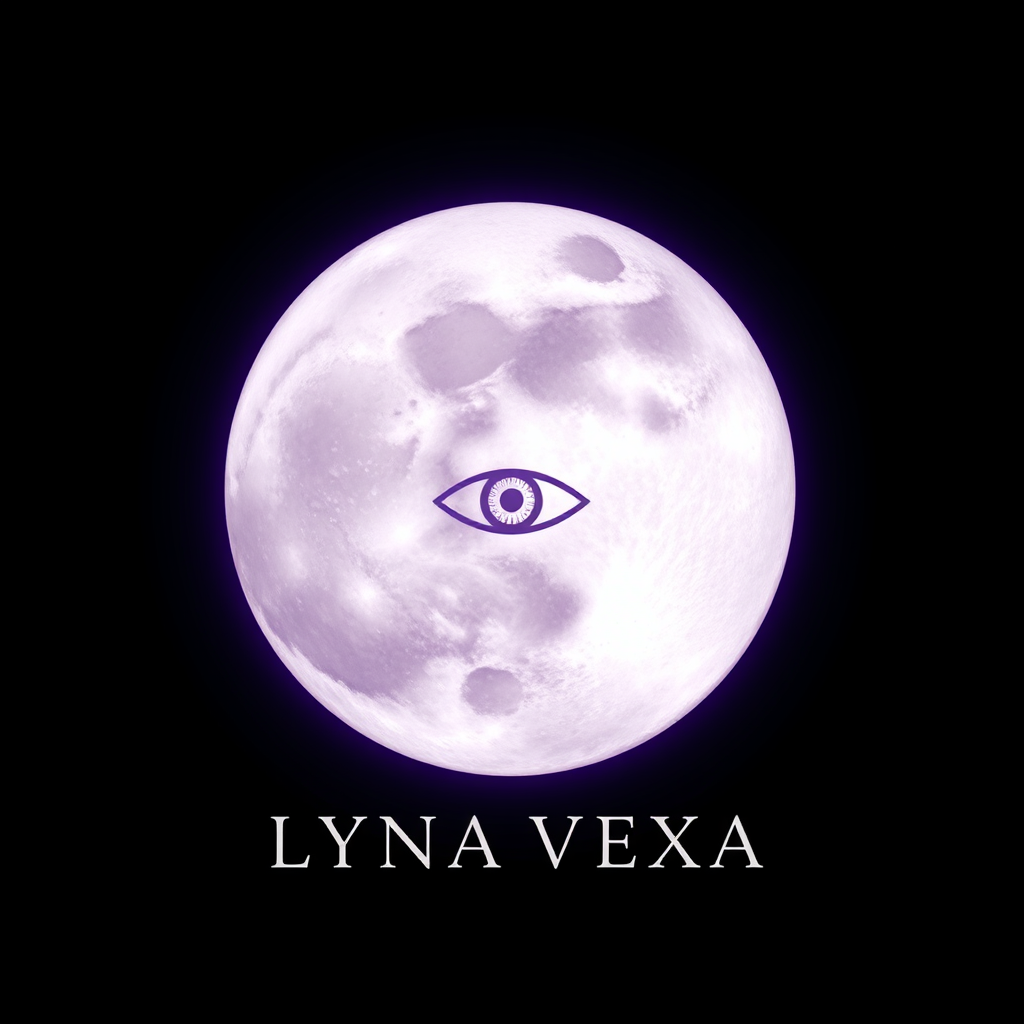 Main logo studio: LYNA VEXA — luminous full moon on a deep black background, with a very subtle eye symbol softly hidden within the moon, elegant silver typography, sof