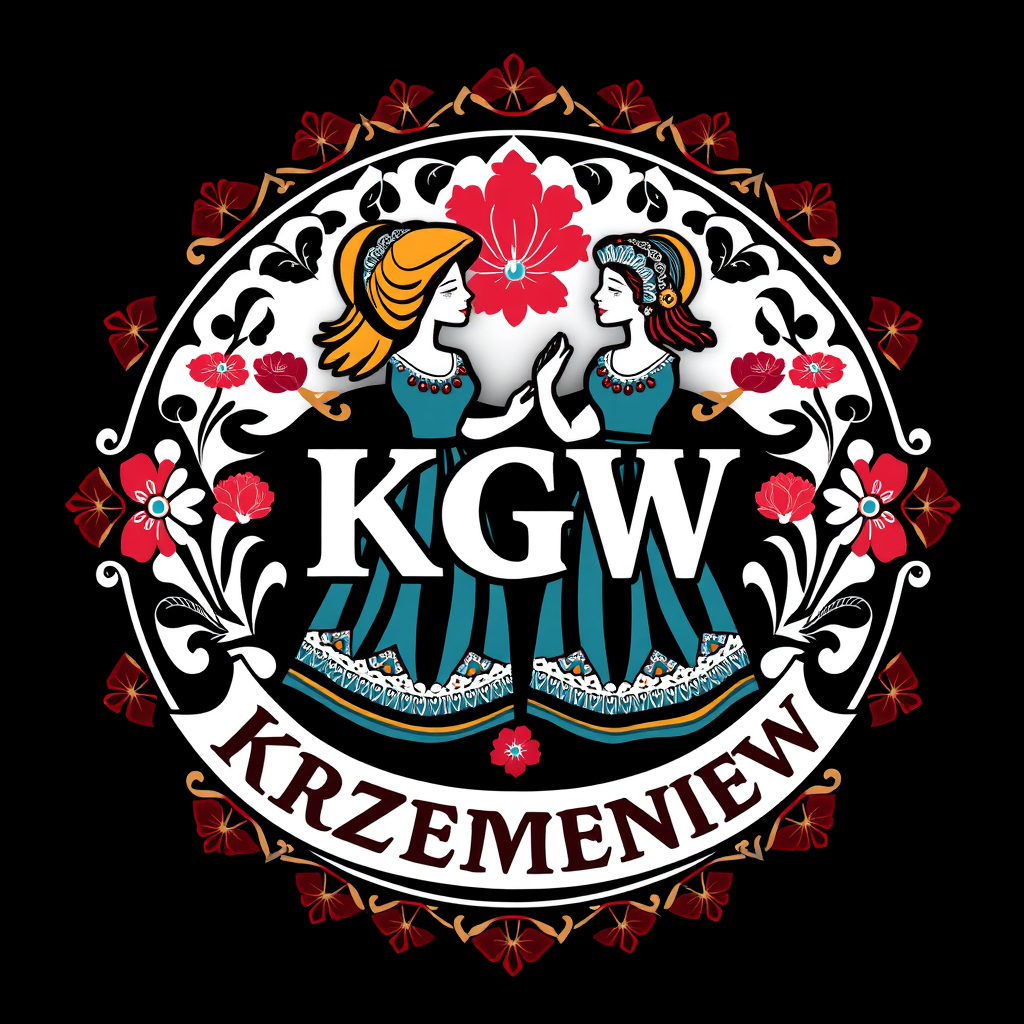 Main logo studio: Stwórz kolorowe, radosne logo dla „KGW Krzemieniew”. Dodaj stylizowane wiejskie kobiety w tradycyjnych strojach oraz małe kolorowe ptaszki. Polski fol