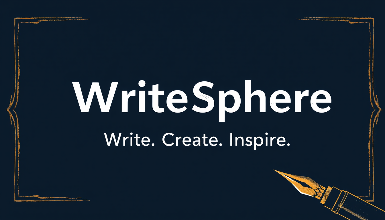 Main logo studio: Create a 2560x1440 YouTube banner for “WriteSphere”. Show ONLY these two text lines once: “WriteSphere” and “Write. Create. Inspire.” Center them in t