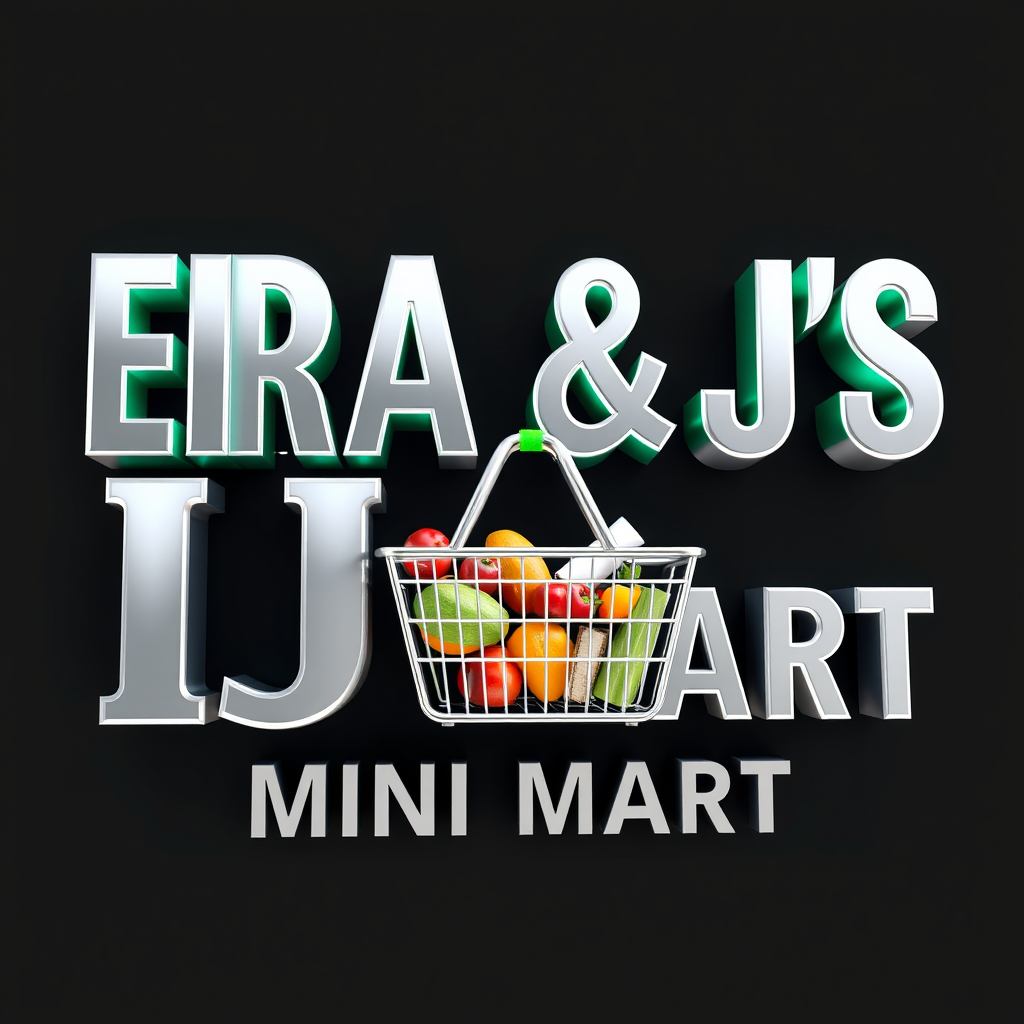 Main logo studio: Create an ultra-professional, photorealistic 3D logo for “ERA & J'S MINI MART”. Design a unique, modern supermarket brand identity with bold, thick, e