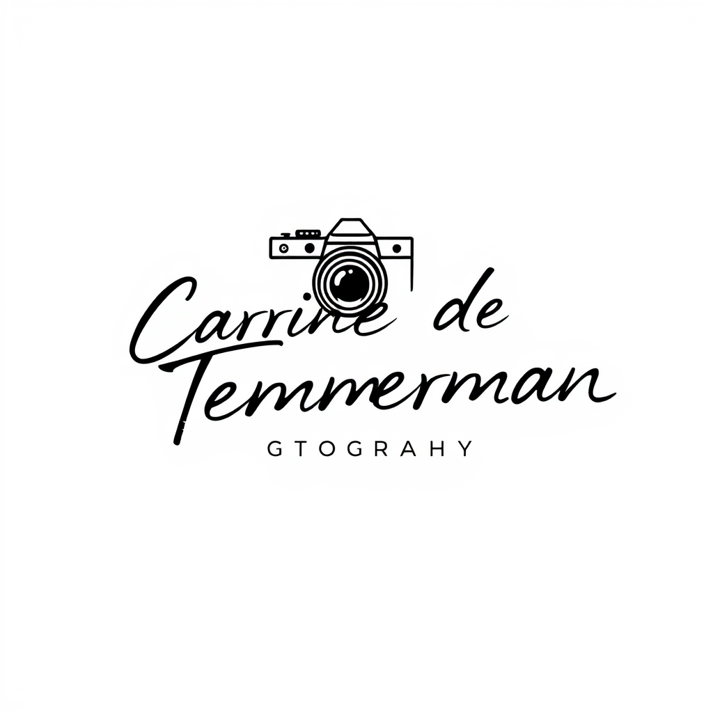 Signature Logo idea: signature logo of the name Carine De Temmerman, photographer, relaxed handwritten script, thin pen strokes, black with camera logo , elegant handwritt