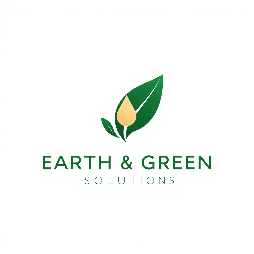 Main logo studio: Modern premium logo for “EARTH & GREEN SOLUTIONS”. Create a unique elegant symbol where a single flowing line forms a leaf, a water drop and subtle hu