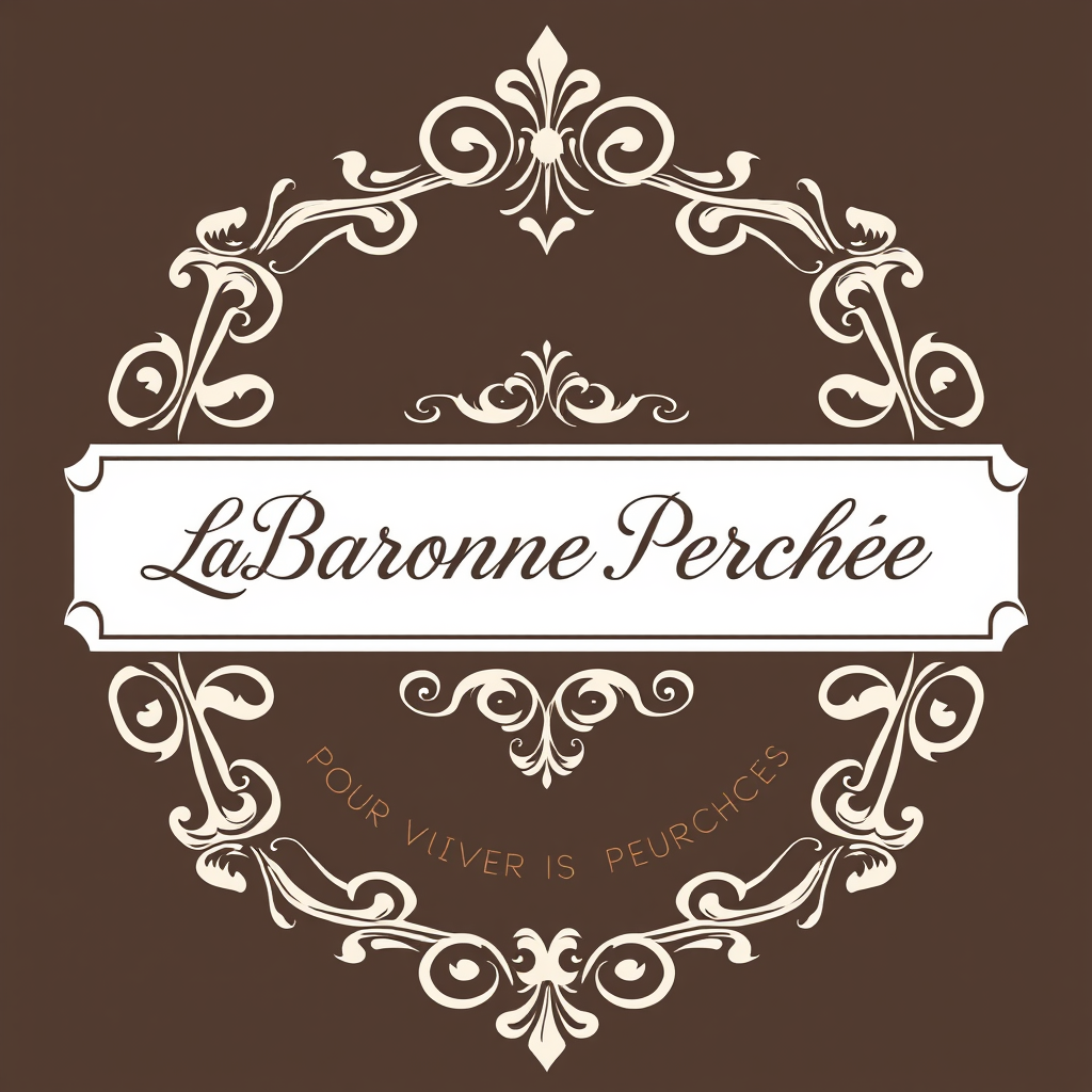 Main logo studio: Crée un logo élégant. Cadre doré rococo. Au centre du cadre : « La Baronne Perchée » en écriture calligraphiée. En dessous du cadre « Pour Vivre Heure