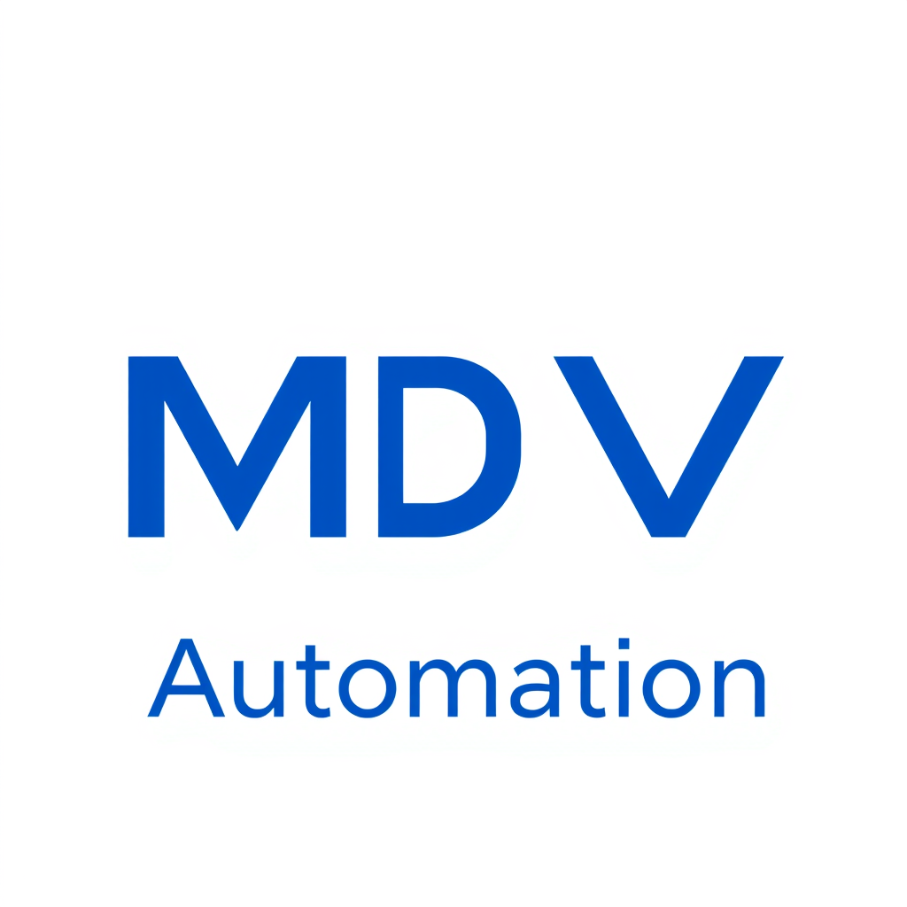 Main logo studio: Create a professional logo for “MDV Automation”. Make “MDV” large, bold, and blue. The M, D, and V letters must be physically connected to each other 