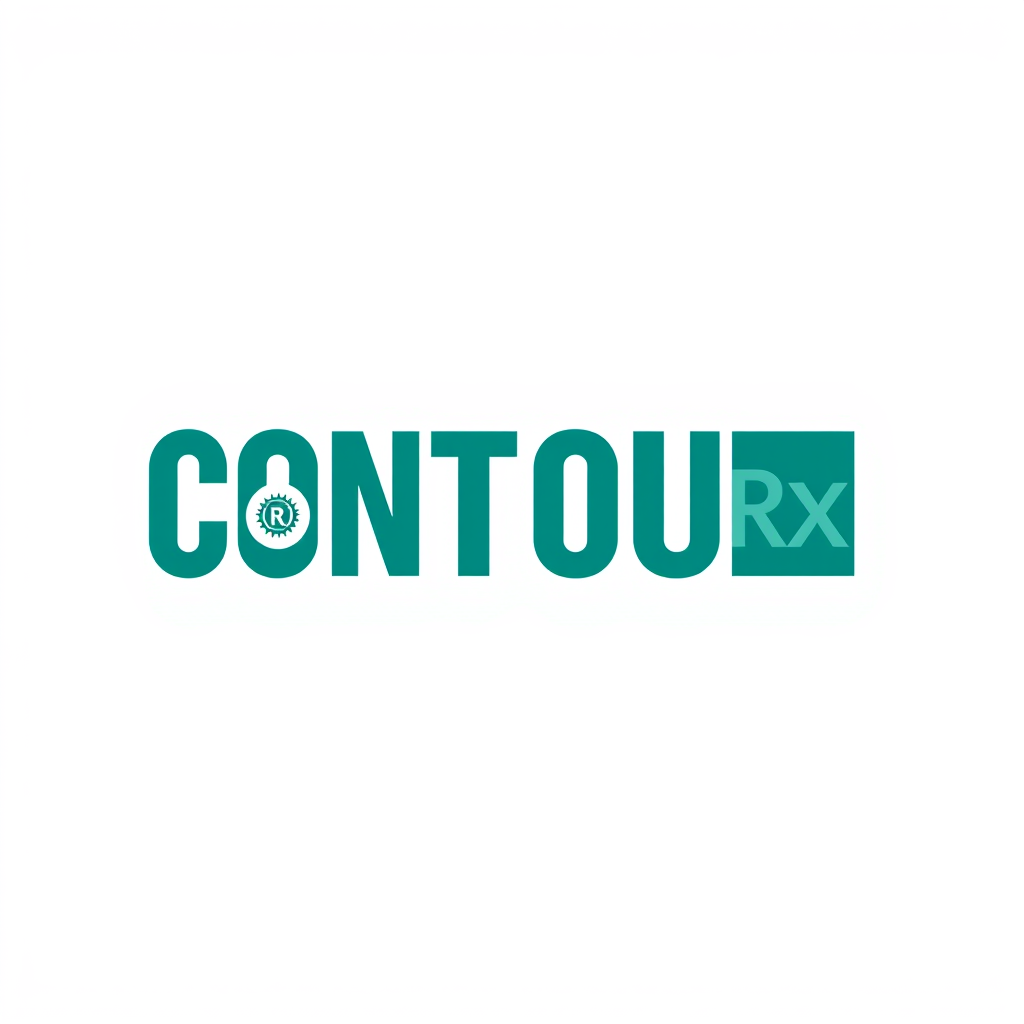 Main logo studio: Contour Rx logo, bold thick modern sans-serif font, strong and eye-catching wordmark, Rx in a small circular badge or stamp style, deep teal or vibran