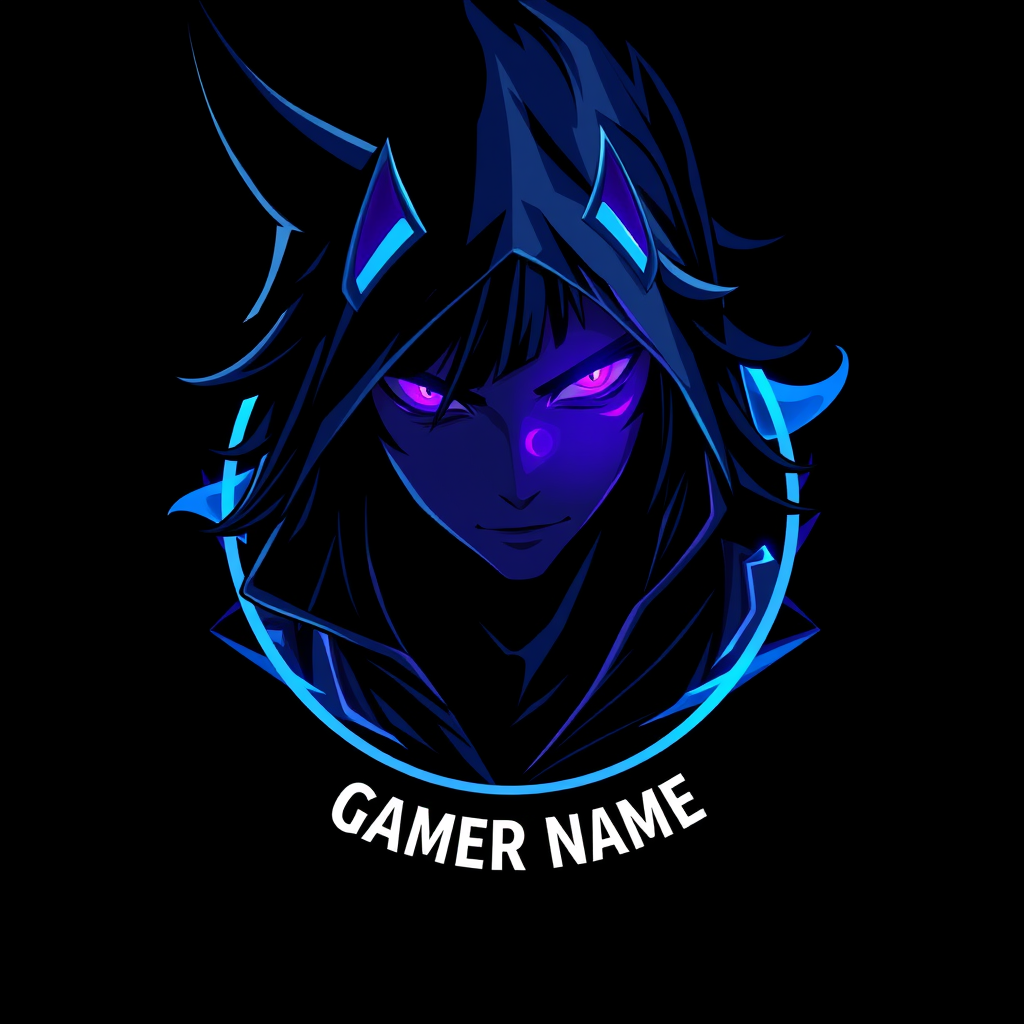Main logo studio: Create an original premium anime gaming profile logo, cinematic dark atmosphere, mysterious anime character, dramatic blue and purple lighting, glowin