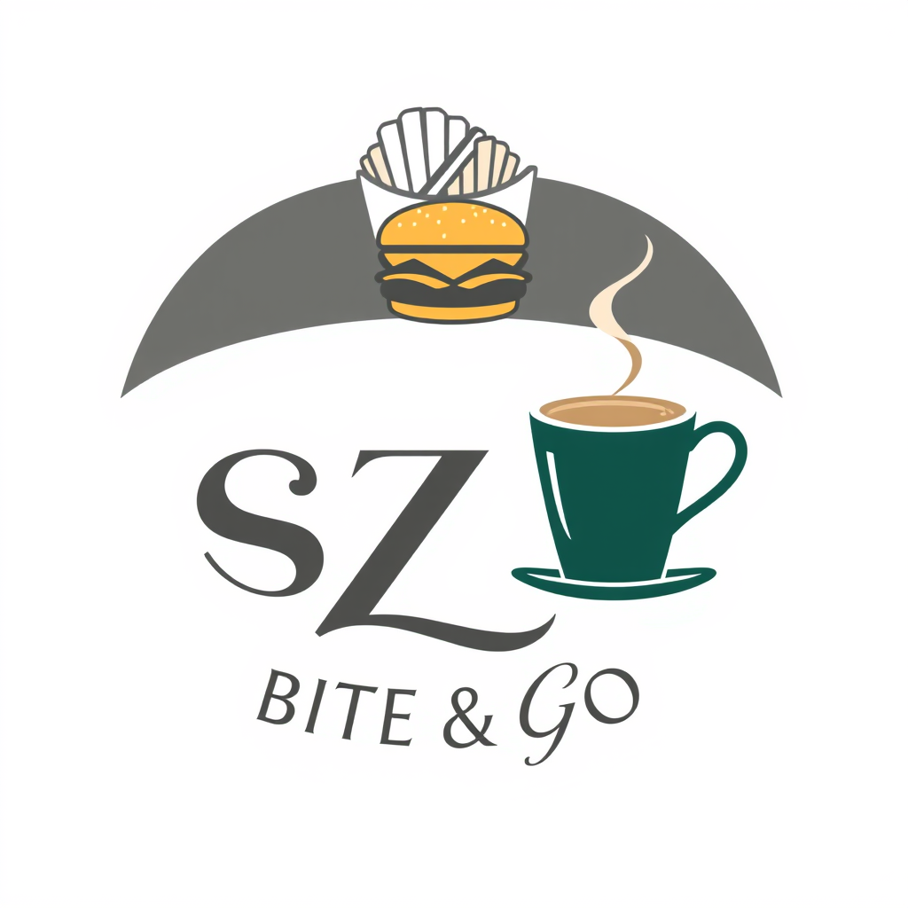 Main logo studio: SZC BITE & GO premium logo, elegant circular emblem, refined SZC monogram and sophisticated script lettering. White background, charcoal gray, metalli