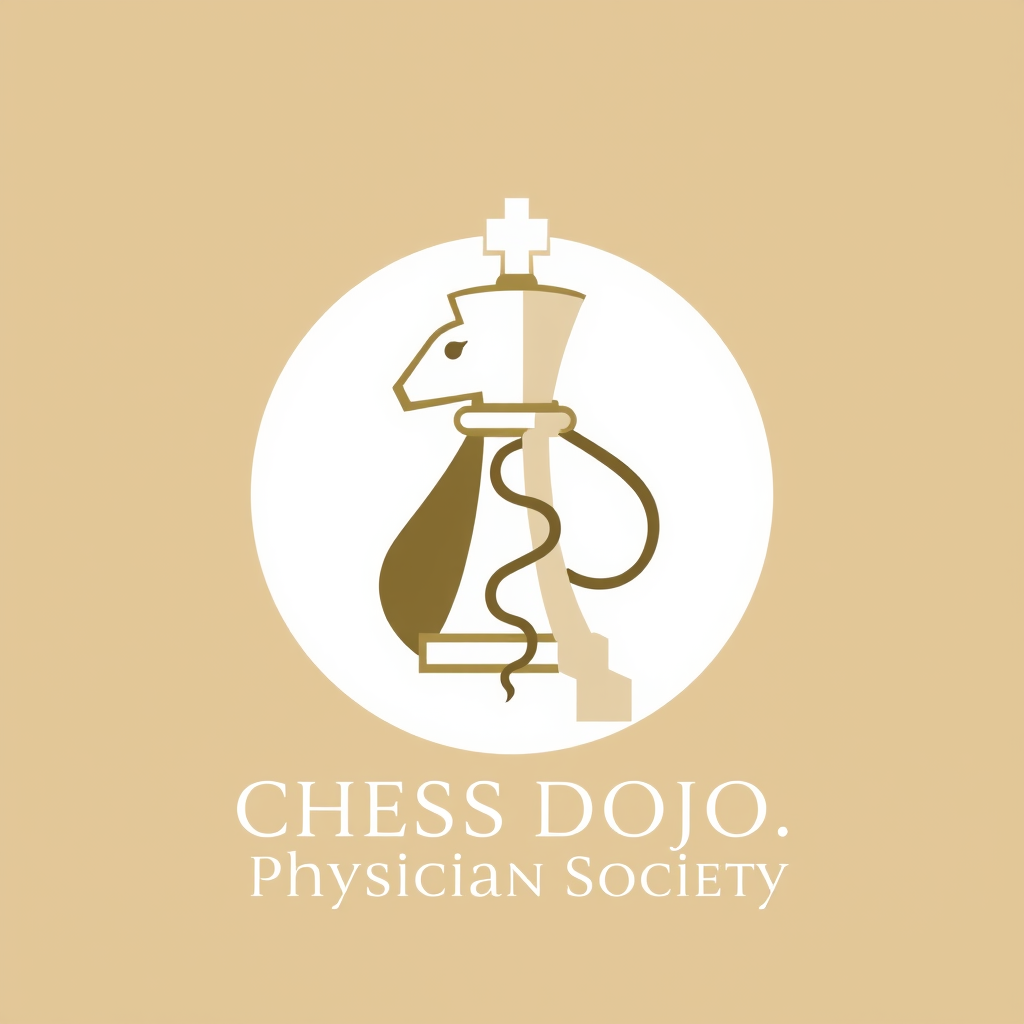 Main logo studio: Chess Dojo Physician Society. Minimalist chess club logo combining a chess knight with a subtle medical symbol. Sophisticated, clean, modern academic 