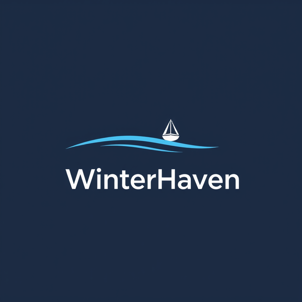 Main logo studio: WinterHaven — software for boatyards to manage and sell yard storage spaces. Minimalist B2B SaaS wordmark with a simple abstract harbour-horizon icon 
