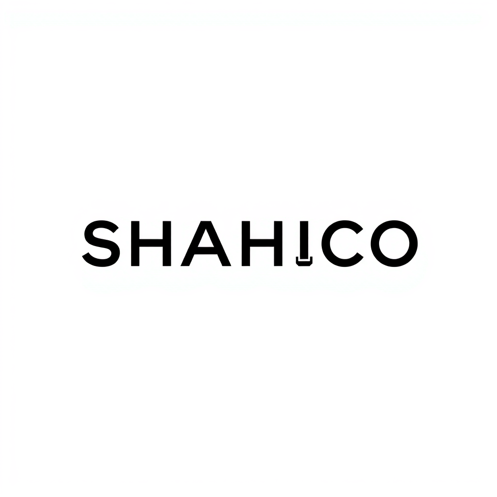 Main logo studio: Create a unique minimalist wordmark for "SHAHICO", an industrial electrical brand. Construct the letters of SHAHICO using simplified industrial pipes,