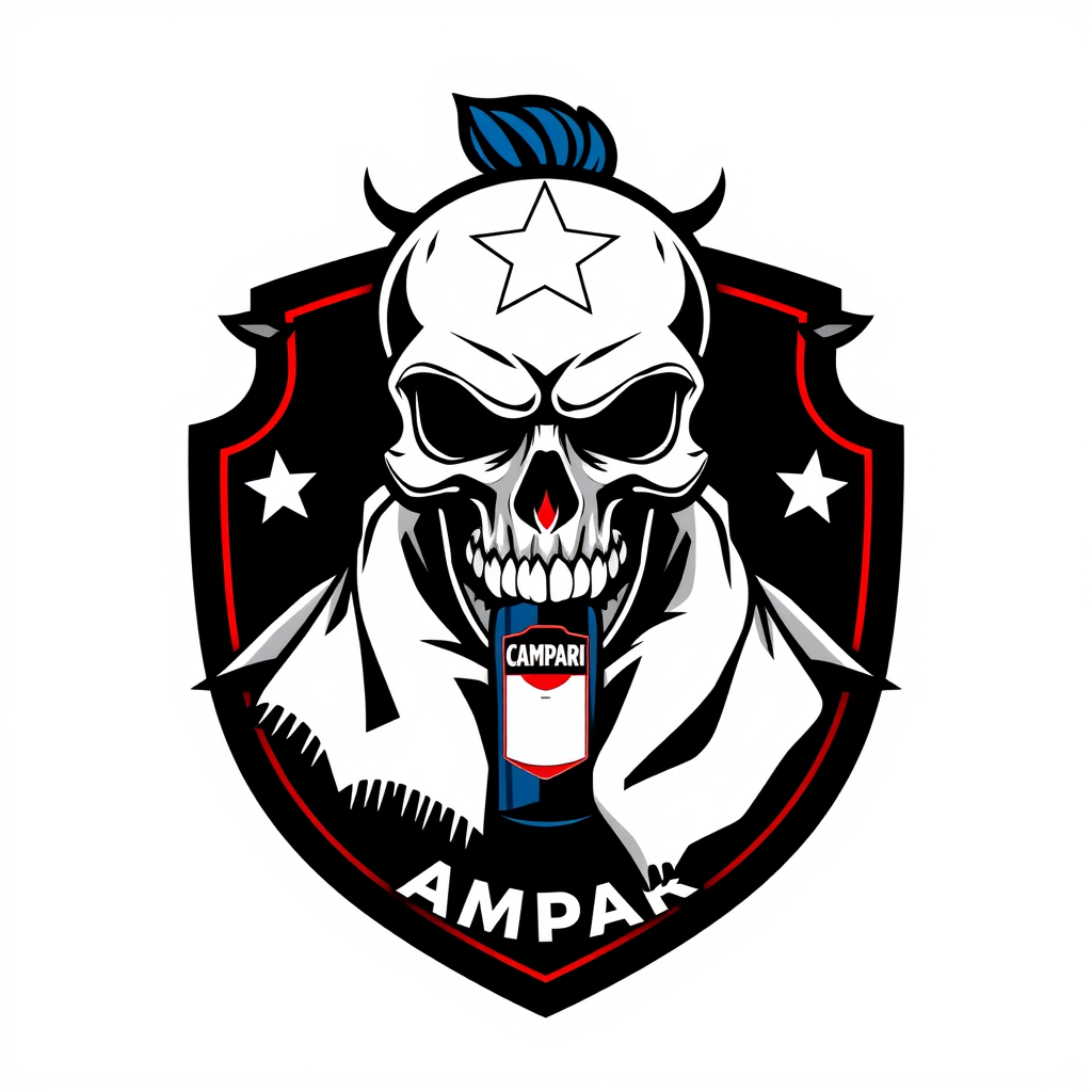 Main logo studio: Football team crest for “ATLETICO CAMPARI”, aggressive stylized skull wearing a football scarf, small Campari bottle integrated into the emblem, domin