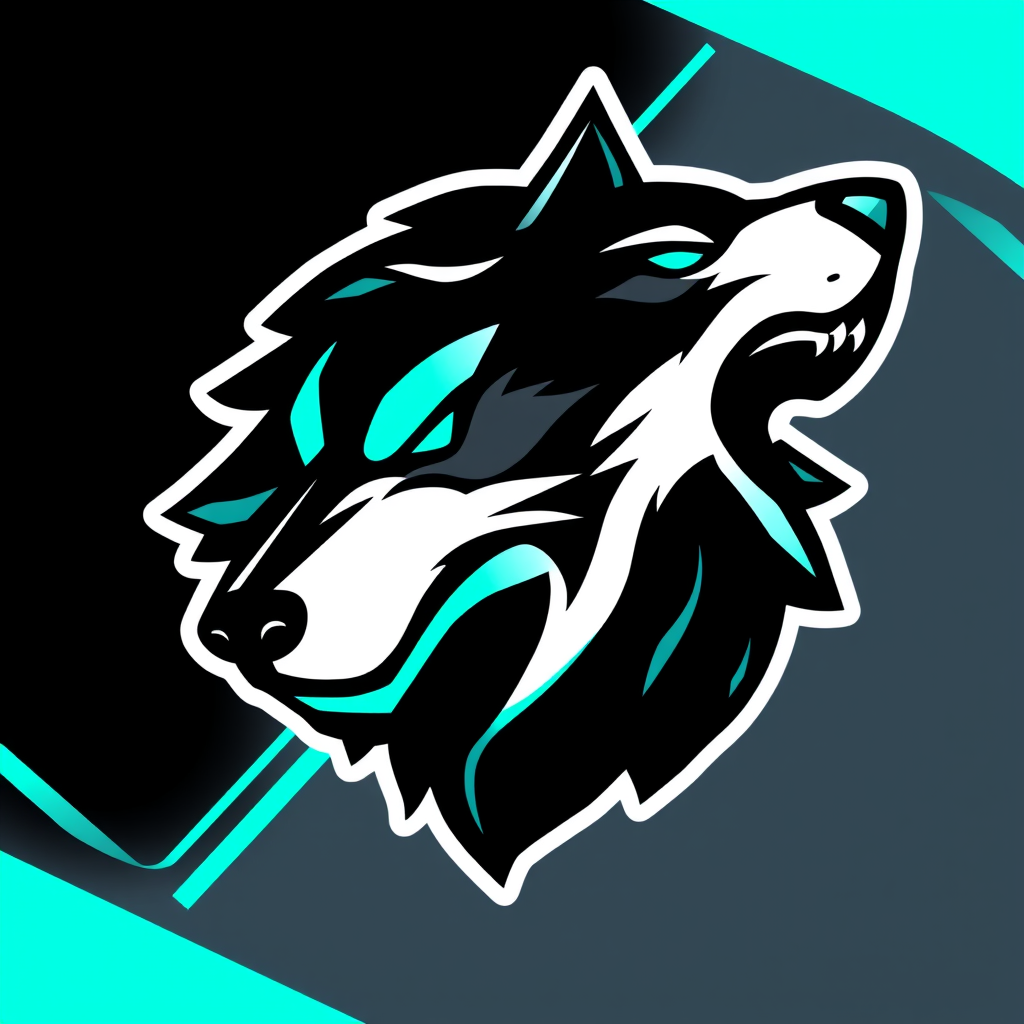 Main logo studio: bold esports team emblem logo, a roaring wolf head, black and neon teal