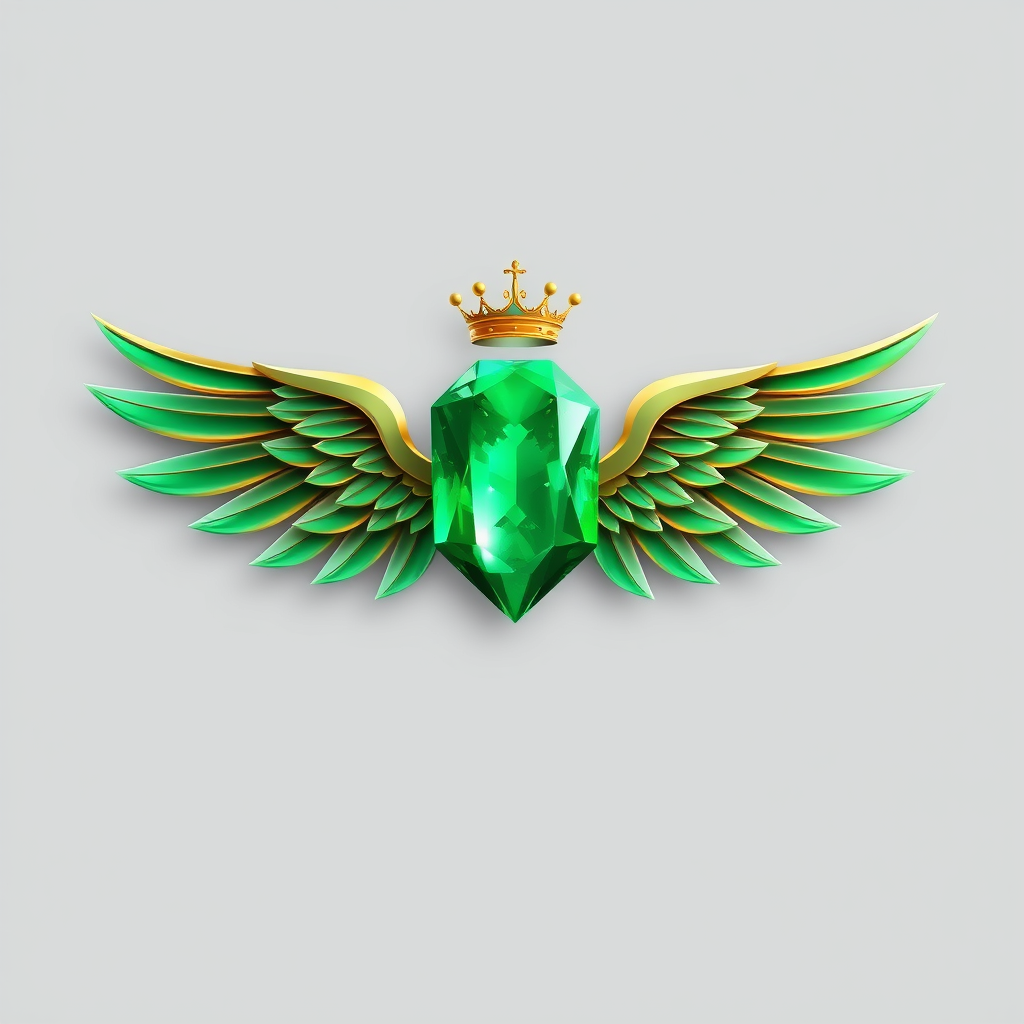 Main logo studio: an emerald in cnetre, to eits either sides wings, and abive teh emrald a crown, for an airline named EMERALD WINGS, in a bit like not relaistic, like 