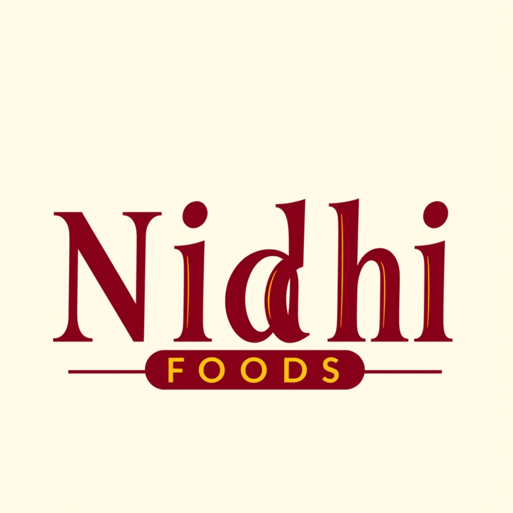 Wordmark Logo idea: wordmark logo of NIDHI FOODS, premium Indian FMCG food brand, sophisticated custom wordmark, strong elegant typography, deep burgundy and muted gold,