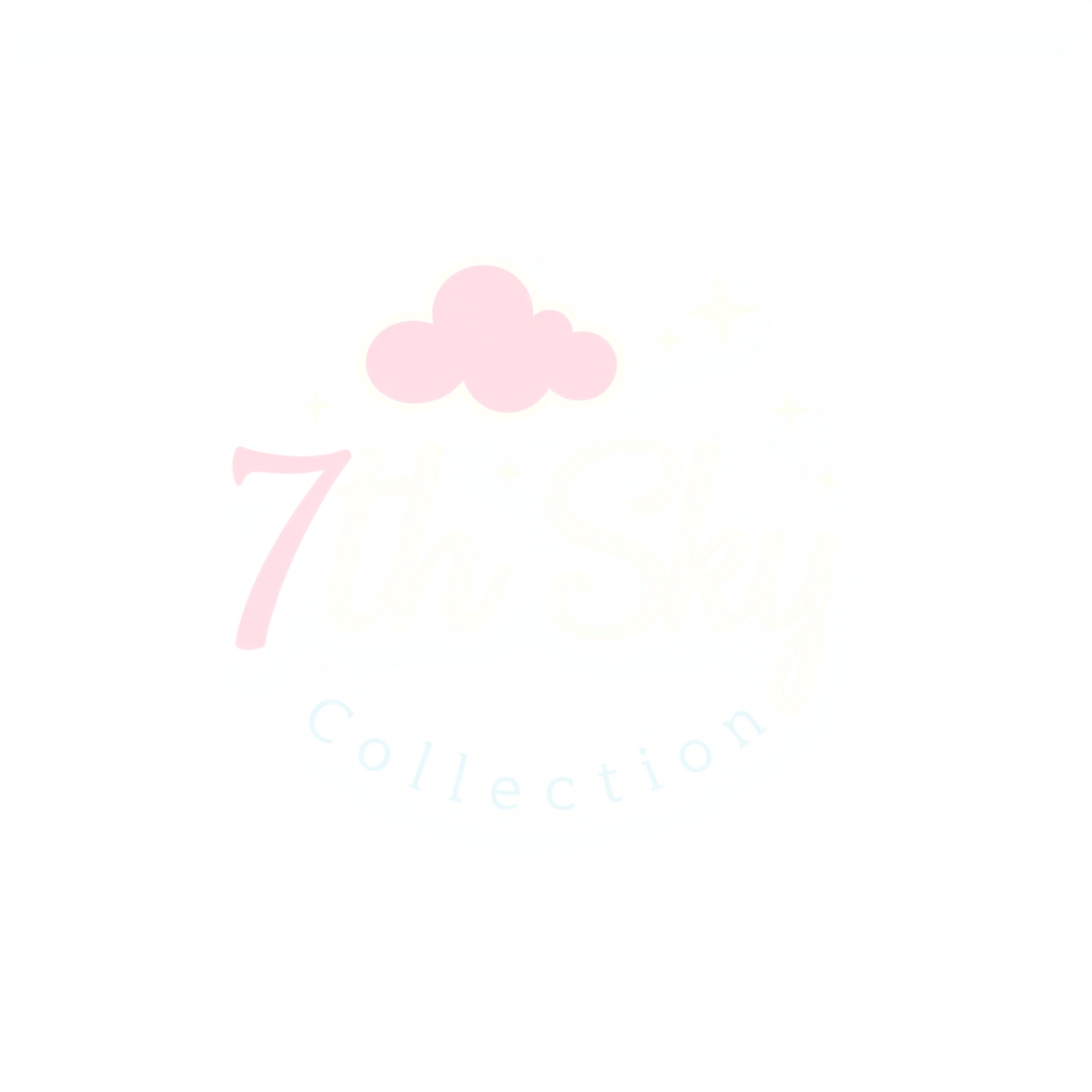 Main logo studio: Cute soft dreamy logo for "7thSkyCollection", a print-on-demand shop. Pastel pink, lavender, baby blue and cream, elegant rounded typography, subtle c