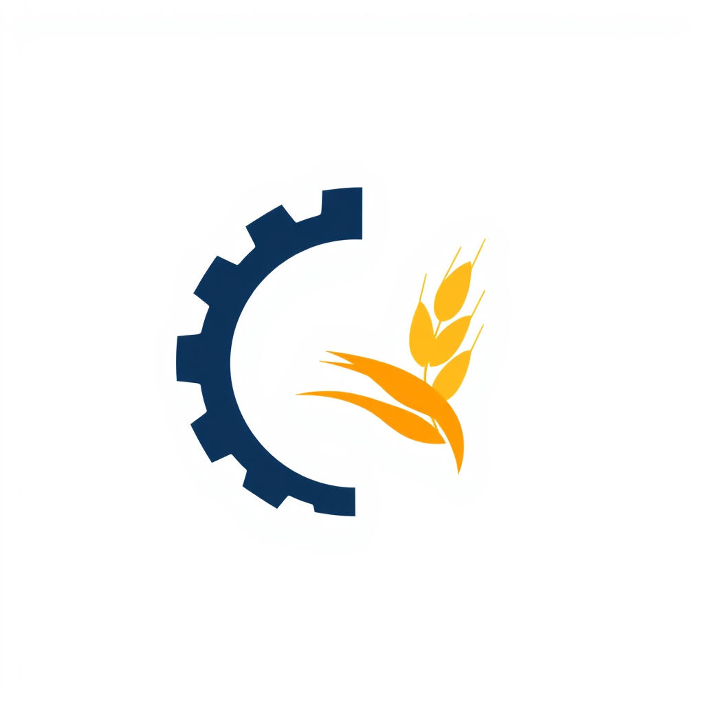 Main logo studio: A minimalist, flat vector logo for an equipment brand. The icon cleverly combines a dark navy blue mechanical gear on the left half with a golden-oran