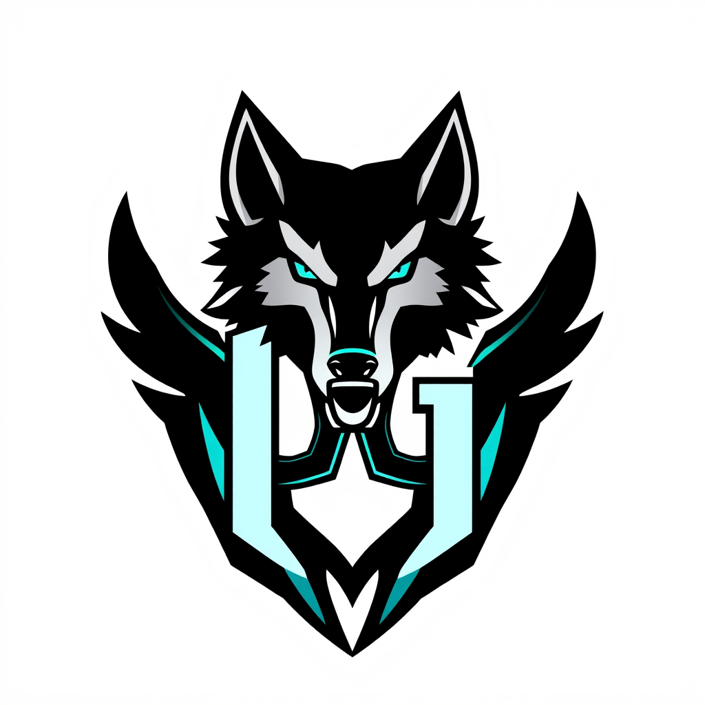 Monogram Logo idea: monogram logo combining the letters bold esports team emblem logo, a roaring wolf head, black and neon tealgh , elegant intertwined letterforms, flat