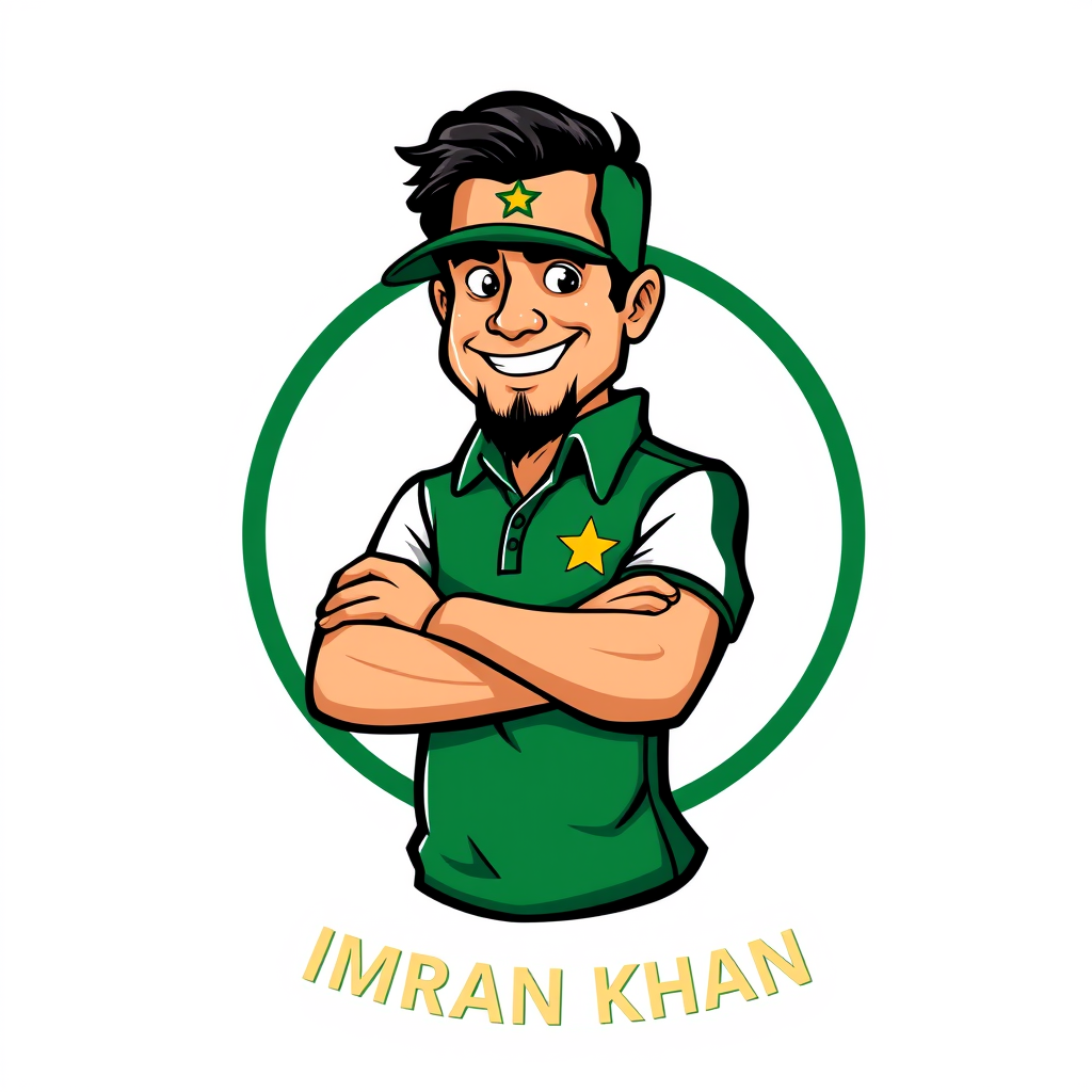 Cartoon Logo idea: cartoon style logo for Create a professional cartoon mascot logo of Imran Khan as a Pakistan cricket legend. Green and white cricket jersey, Pakistan 
