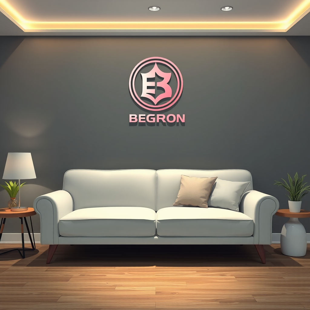 Main logo studio: Make a logo with a picture of a sofa with a white begron versi anime
