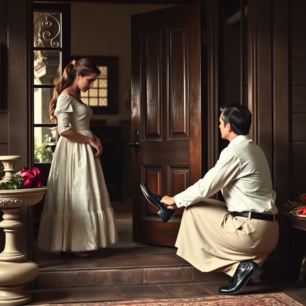 Main logo studio: An old-fashioned romantic scene inside a traditional home entrance. A woman in a beautiful white vintage dress stands on the doorstep, looking at a ma