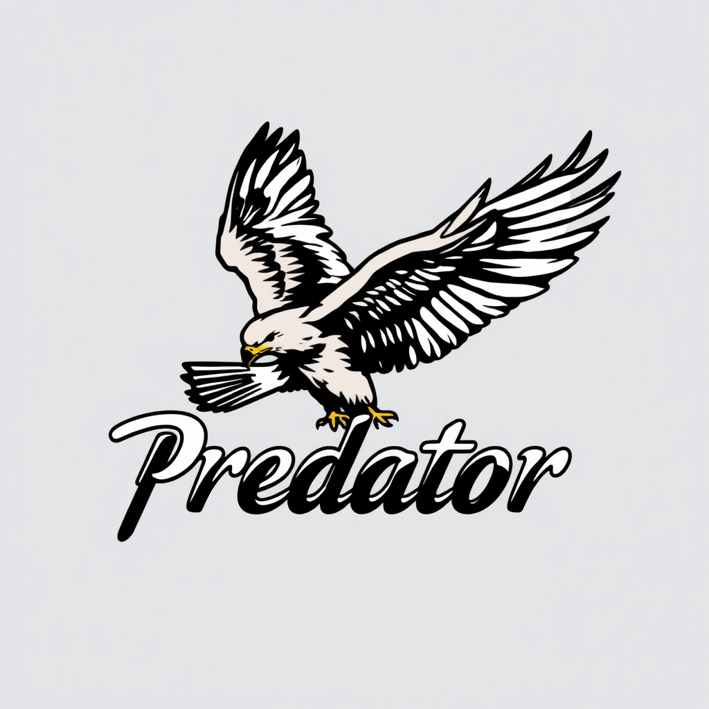 Main logo studio: Mein Logo soll so aus sehen : es gibt einen Schrift zu wo steht Predator und darum flogt ein Adler oder ein Falke der Falke sollte Seitlich über den s
