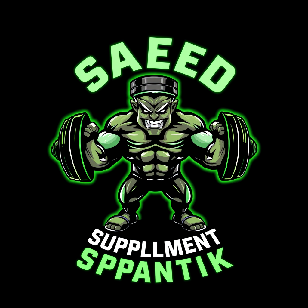 Main logo studio: Design a fierce, muscular supplement mascot logo. In the center, a supplement jar with a muscular body, huge arms and legs, lifting a heavy barbell. T