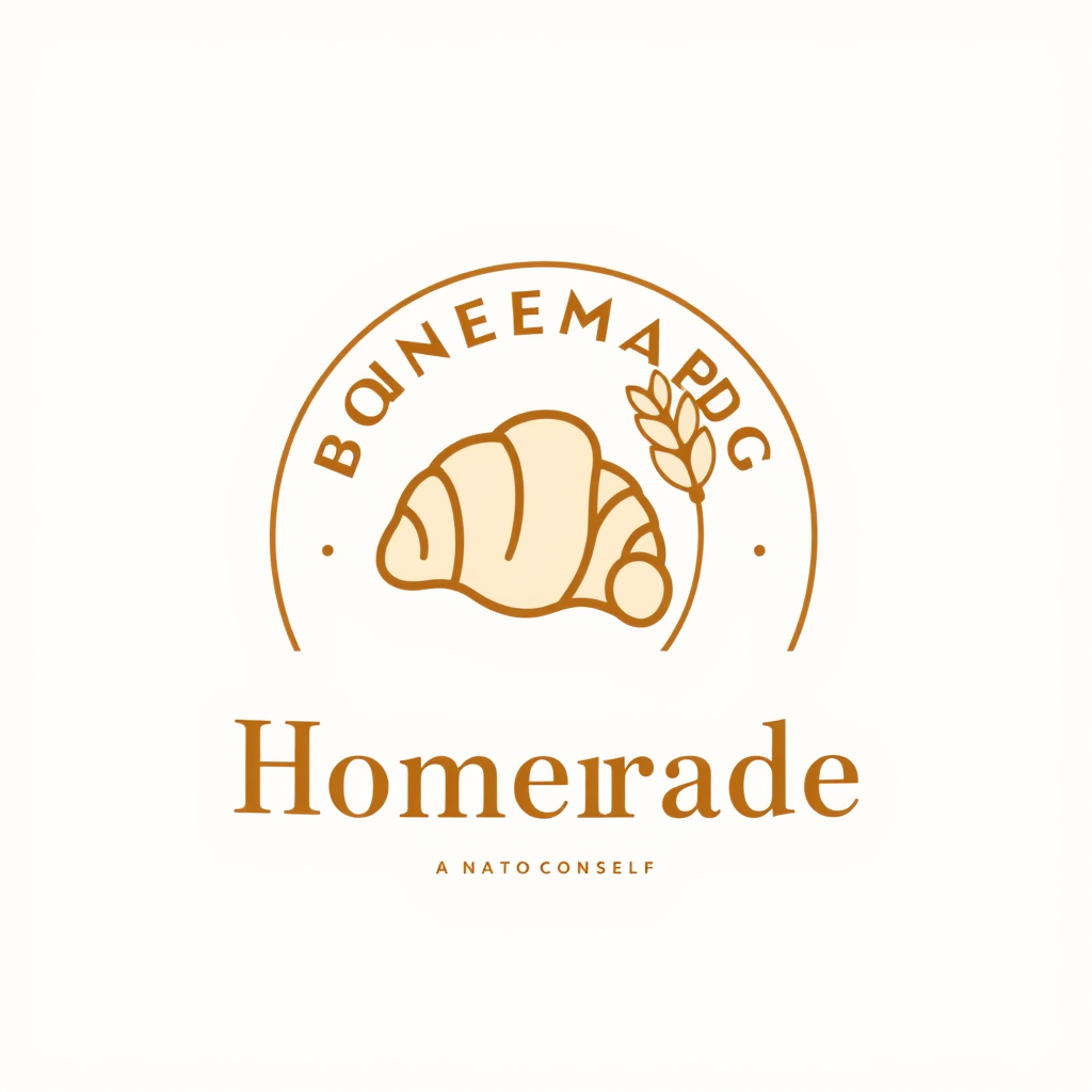 Main logo studio: Logo for a homemade bakery, elegant and cozy, warm beige and cream colors, simple croissant and wheat icon, minimalist flat vector style, clean typogr