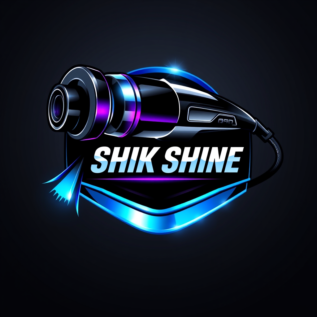 Main logo studio: SHIK SHINE — premium automotive detailing logo with a realistic professional dual-action polishing machine, glossy black, electric blue and vibrant pu