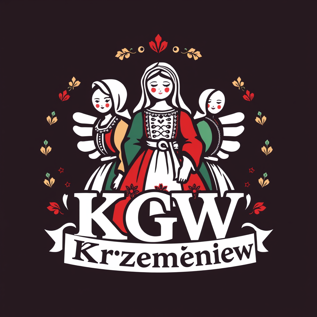 Main logo studio: Zaprojektuj radosne, efektowne logo dla „KGW Krzemieniew”, inspirowane polskimi dożynkami i folklorem. Centralnie umieść trzy wiejskie kobiety, otoczo