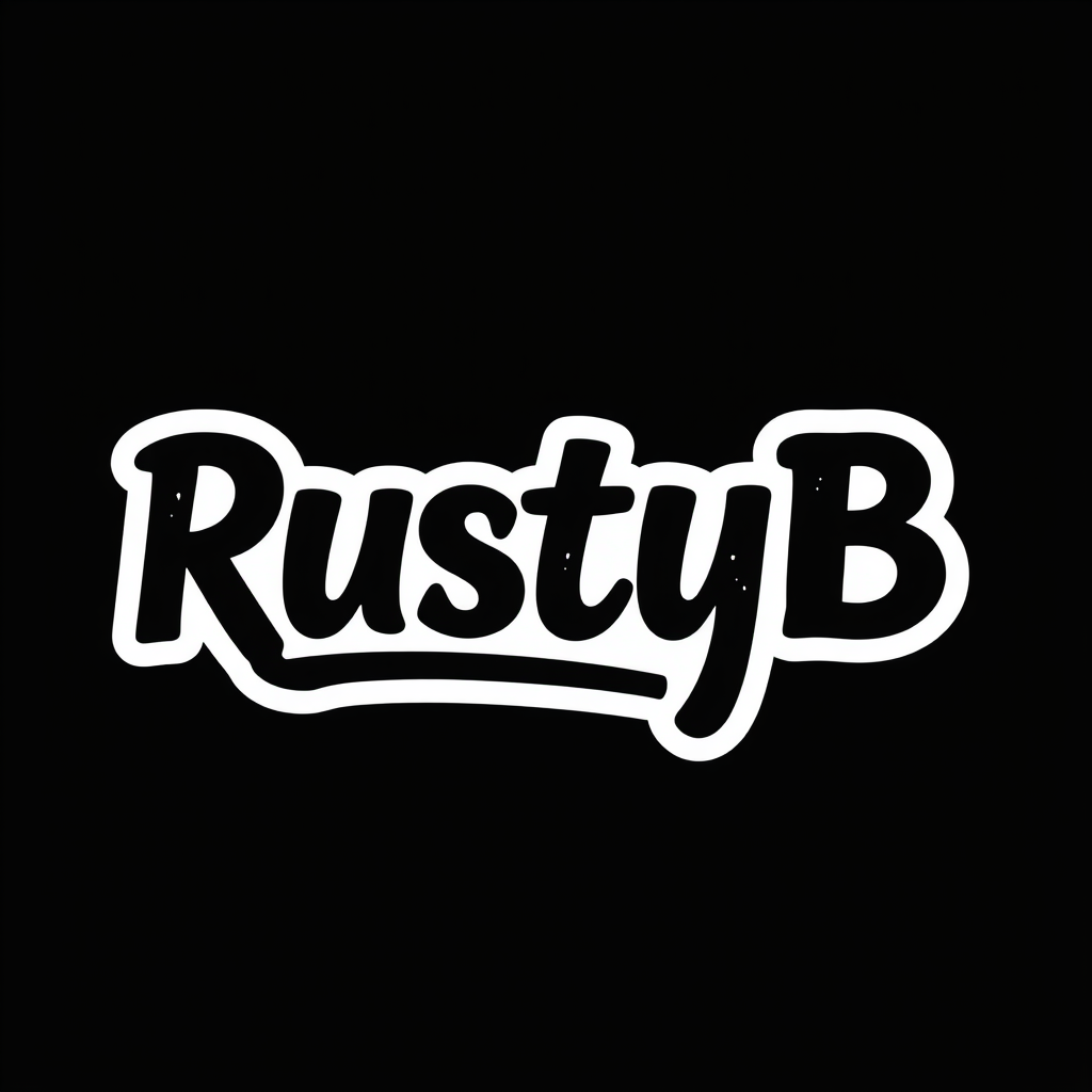 Main logo studio: Logo black and white, "RustyB" no block letters but more kinda cursive but not elegant , letters are black and just white around the letters, and it m