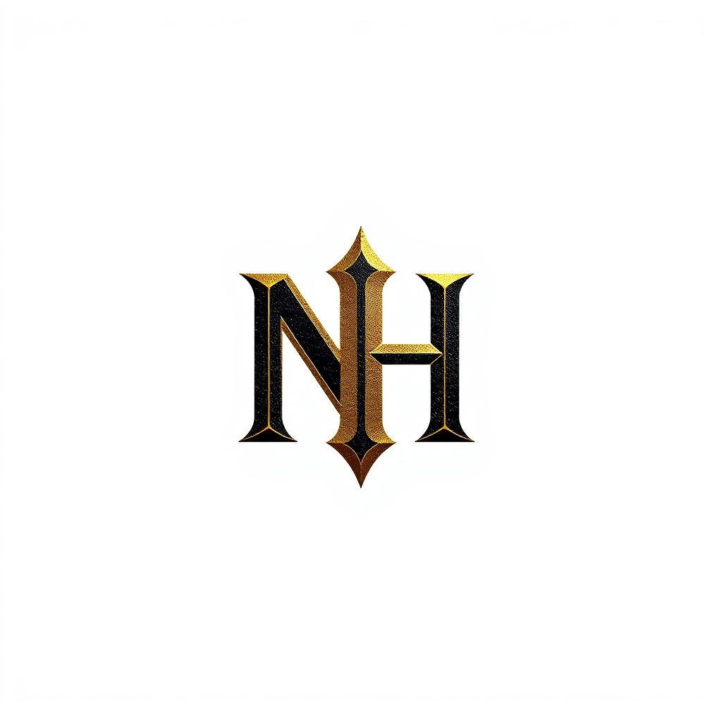 Lettermark Logo idea: lettermark logo of the letters Nox and Hunch, NH, a digital psychological gaming startup, gothic texture, elegant interlocking mysterious logo, black