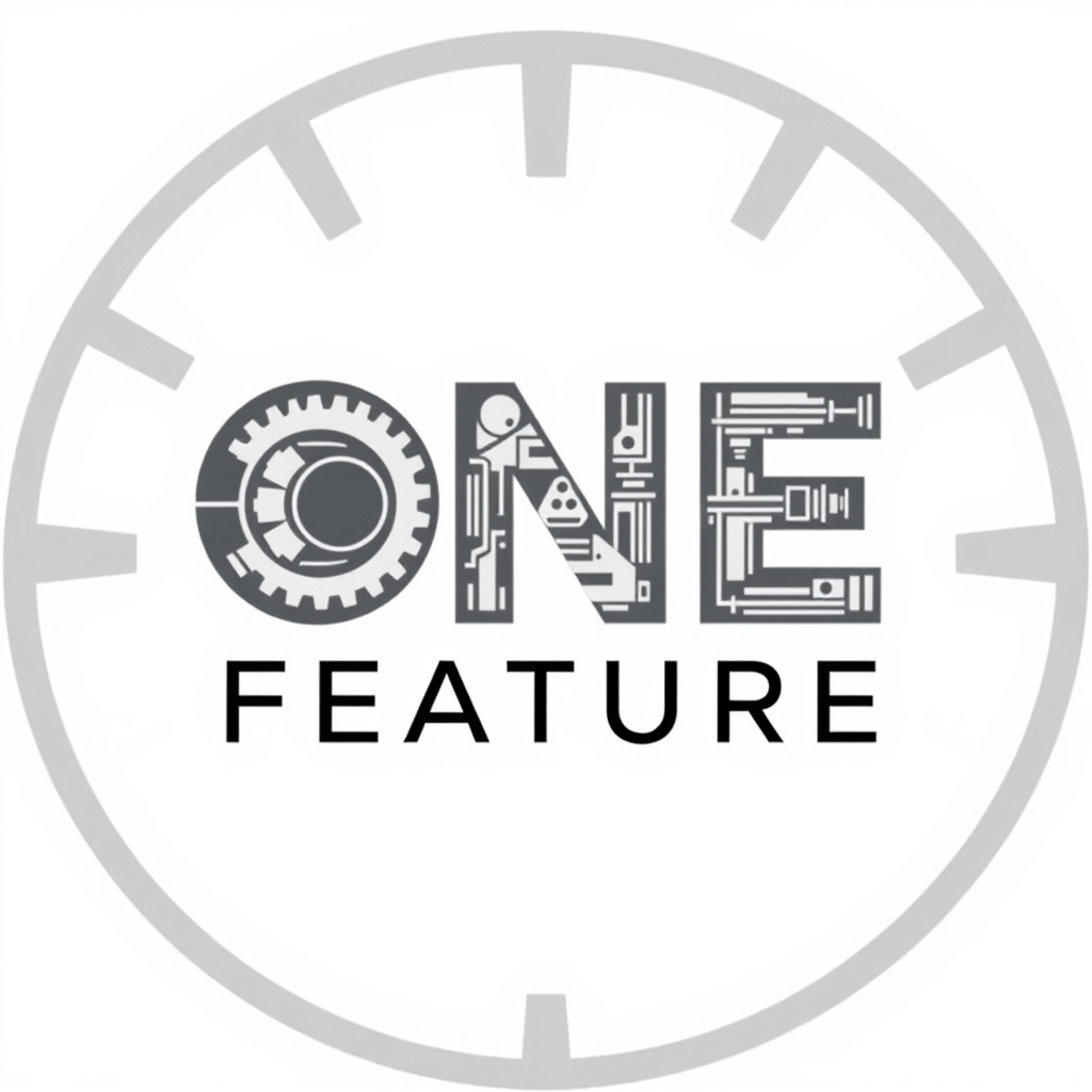 Main logo studio: Tutorial video intro logo, gaming industri, simple text that should say "ONE FEATURE", Should be two lines with ONE centered above of FEATURE, Transpa