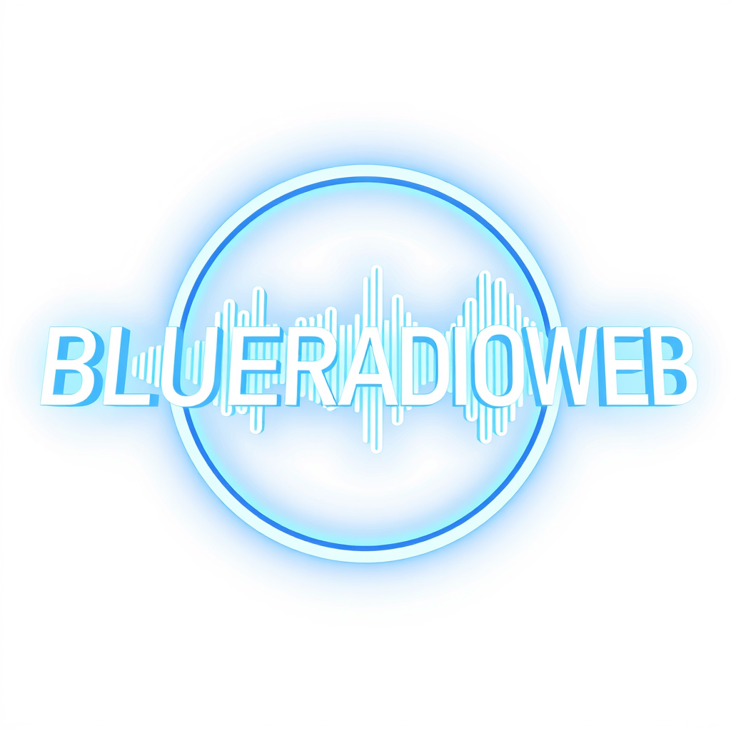 3D Logo idea: 3D logo for BLUERADIOWEB LISTEN TO YOUR MUSIC a music tech brand, 3D sound wave form, neon blue white glow , three-dimensional render, realistic depth