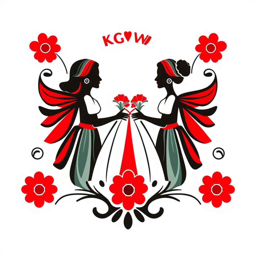 Main logo studio: Stwórz kolorowe, radosne logo na białym tle dla „KGW Krzemieniew”. Polski folklor inspirowany wzorami łowickimi. Uwzględnij czerwone róże i zielone li
