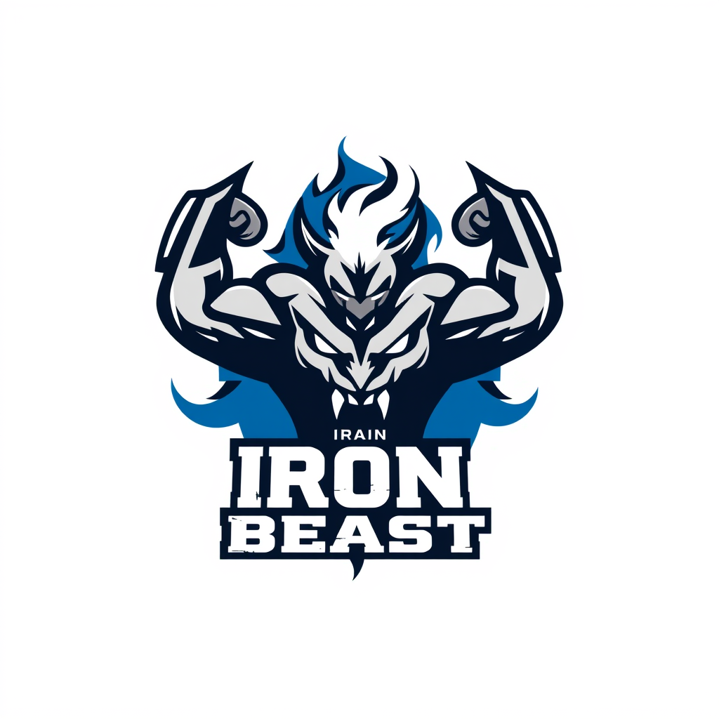 Main logo studio: “Create a logo for my gym named IRON BEAST. Put a BEST IMAGE FORM YOUR SIDE in the background COLOR SHOULD BHI BLUE AND WHITE , ’ along with the CREAT