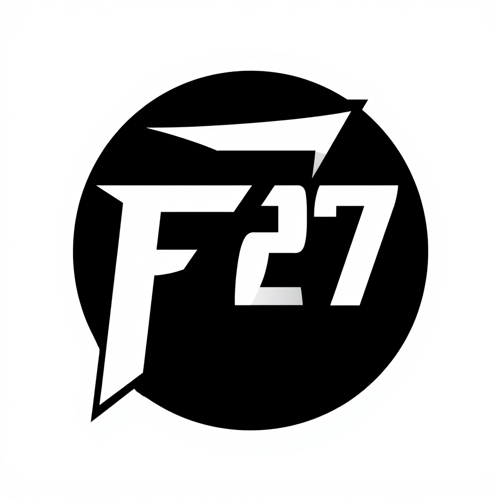 Main logo studio: Logo monogram F27. Integrar la F y el número 27 en un único símbolo geométrico, moderno y reconocible. Estética gaming moderna y premium, minimalista,