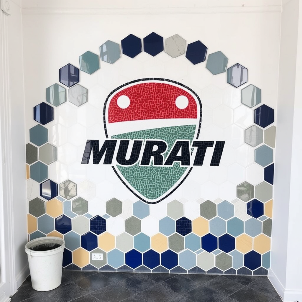 Main logo studio: Entreprise de carrelage MURATI Rénovation, LOGO sur fond de mosaîque de carreaux octogonaux multicolores