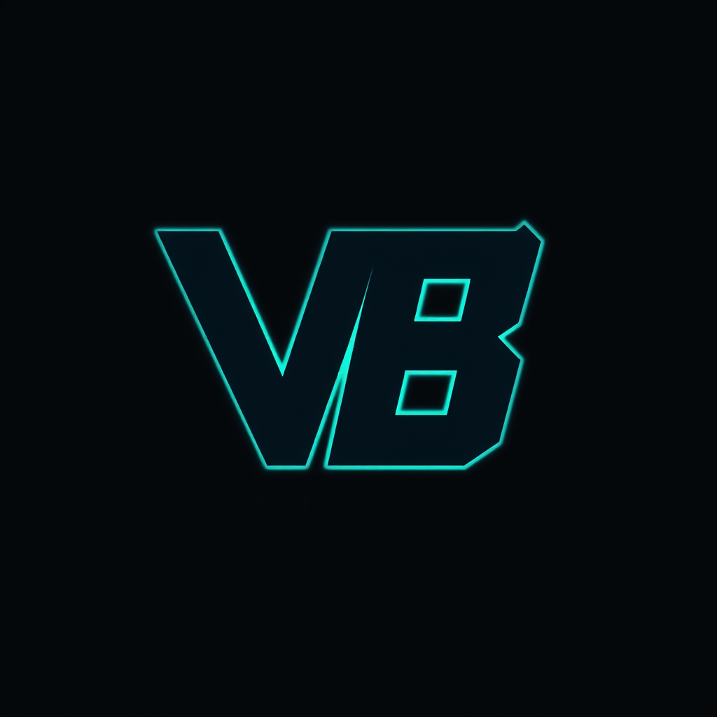 Main logo studio: Flat 2D vector lettermark logo, NOT mascot, NOT 3D, NOT gradient shading. Bold geometric sans-serif letters "V" and "B" interlocked into a single unif