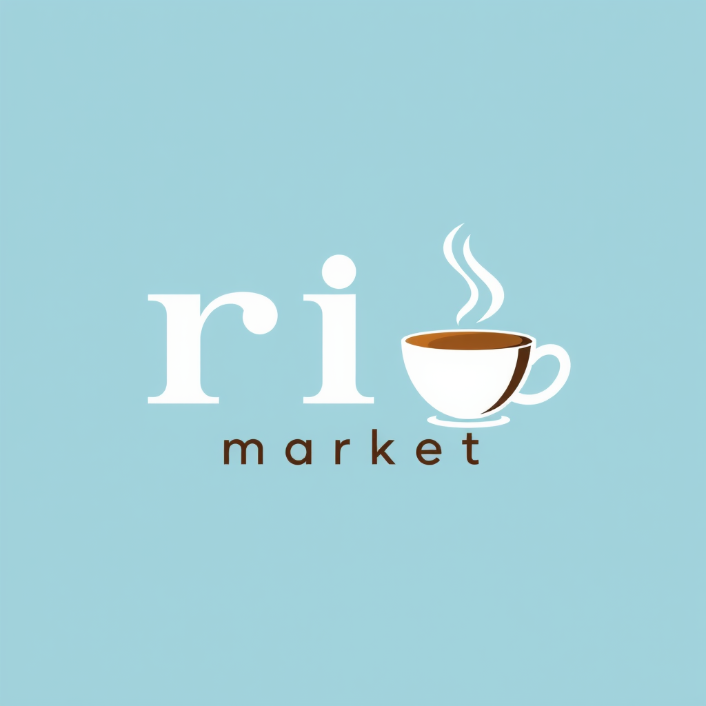 Main logo studio: Make a logo for "RIO" market. include both "rio" and "market". and include a cup of coffee with steam. Must use lightblue background. everything else