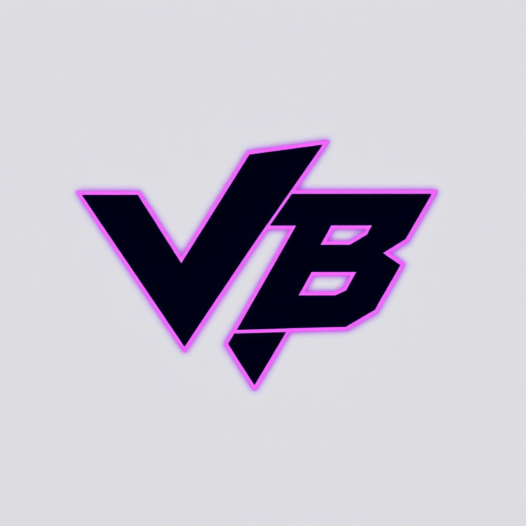 Main logo studio: Flat 2D vector lettermark logo, angular futuristic sans-serif letters "V" and "B" interlocked, sharp clean edges, no glitches, no cracks, no jagged te