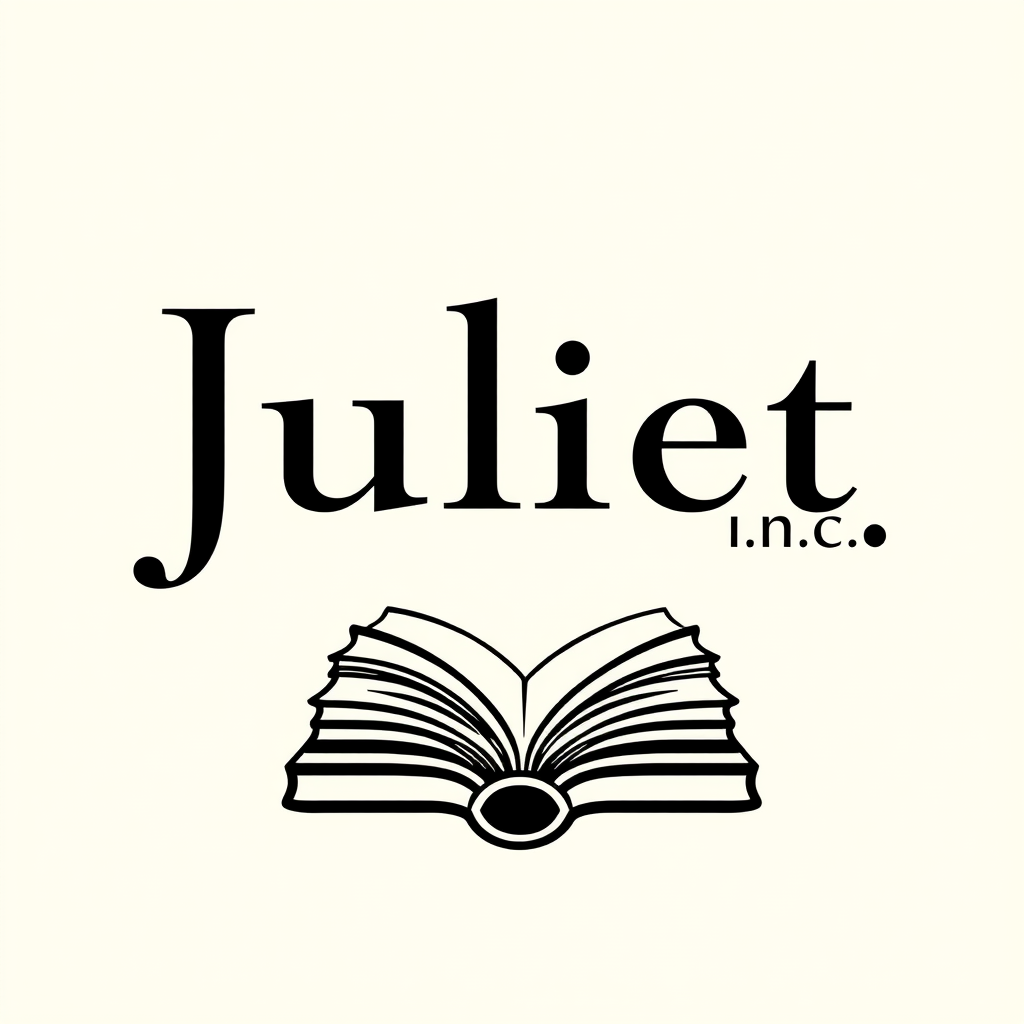 Main logo studio: A logo named "Juliet Inc." It is for a book and poetry showcase In a modern and minimalist style