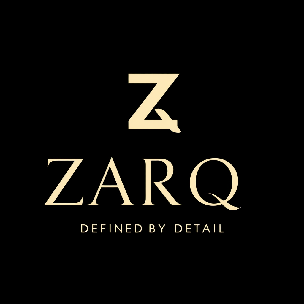 Main logo studio: Minimalist premium logo for **ZARQ**, a modern luxury lifestyle brand. Create a unique abstract geometric emblem using subtle negative space inspired 
