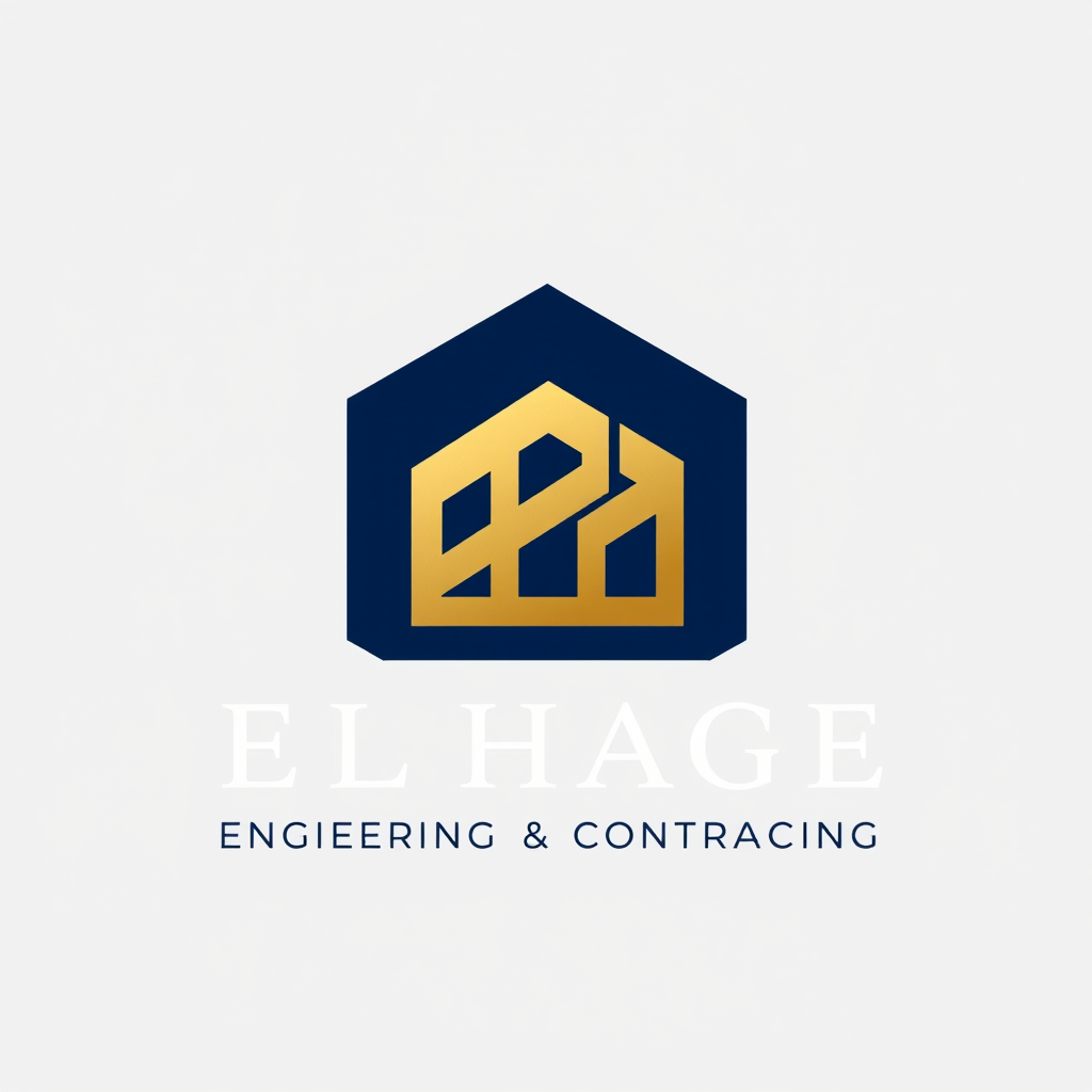 Main logo studio: ELHAGE — Engineering & Contracting. Modern premium corporate logo, deep navy blue and metallic gold, minimalist geometric symbol inspired by structura